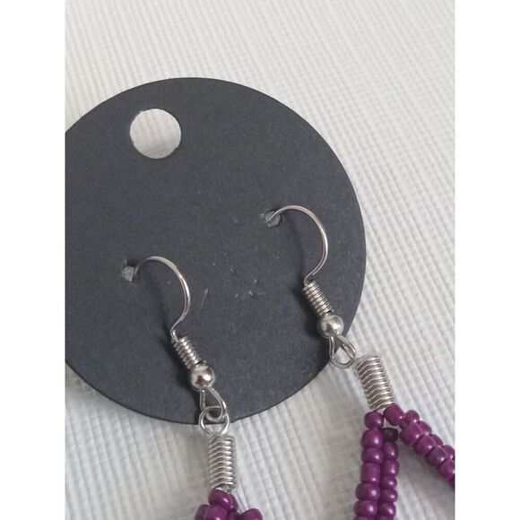 Dark Purple Seed Beaded Double Teardrop Shaped Lightweight Dangle Drop Earrings - Picture 4 of 8